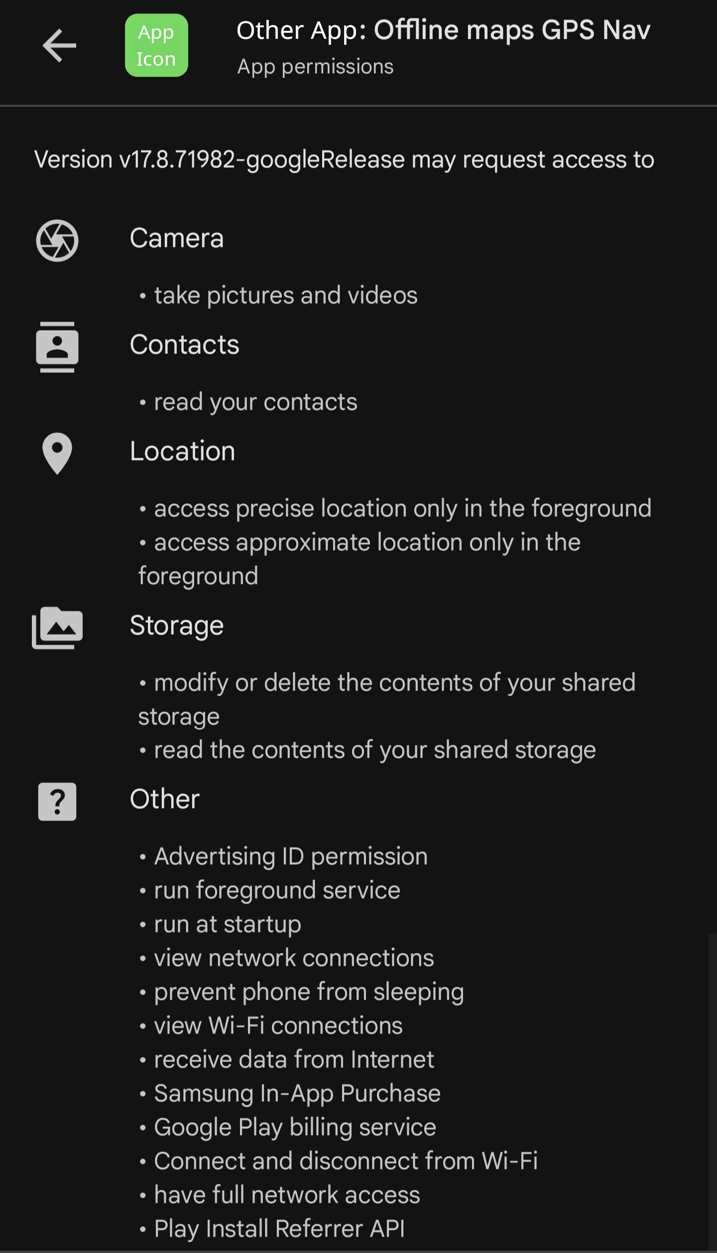 Permissions requested by the Maps.me app for comparison